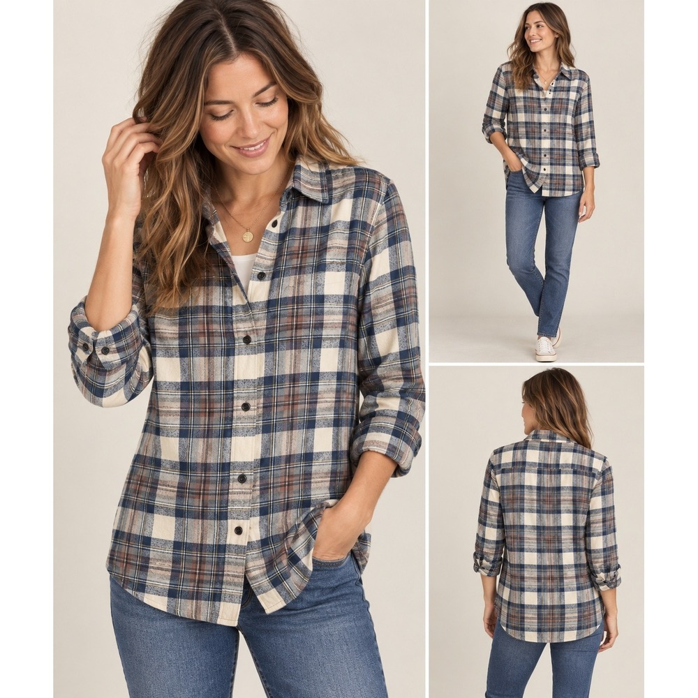 L.L. Bean Flannel Shirt Size L Blue Cream Plaid Relaxed Fit Cotton 273137